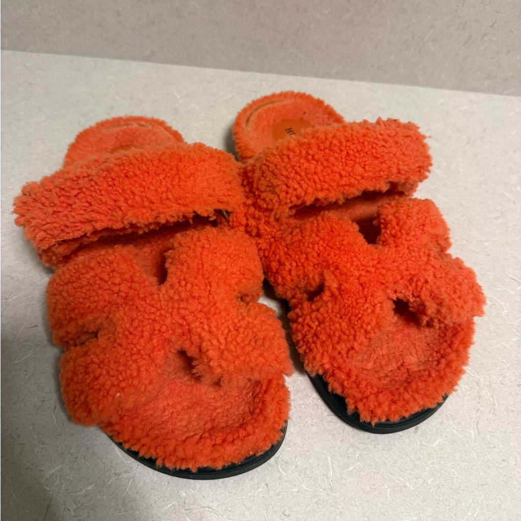 Auth Hermes Orange Teddy Chypre Sandals, Size 38, Made In Italy